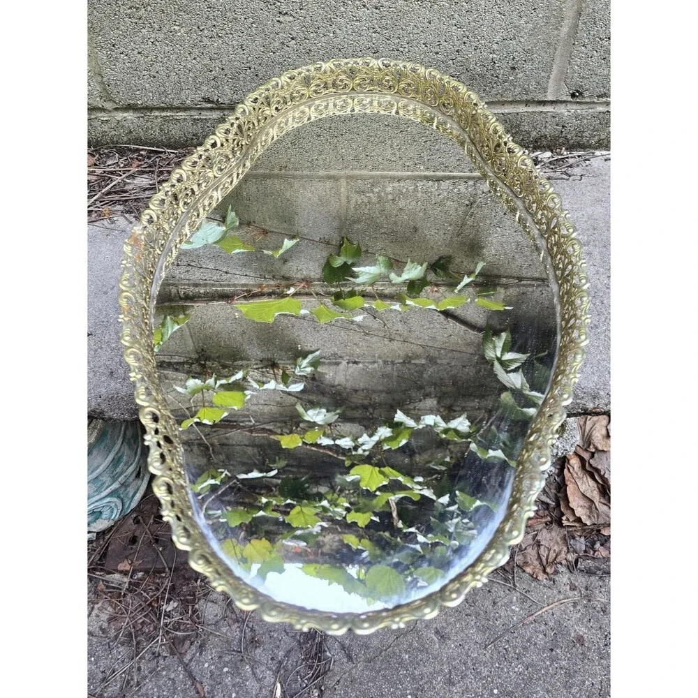 Vintage Mirrored Vanity Dresser Bodouir Tray Gold Filigree Hollywood Regency